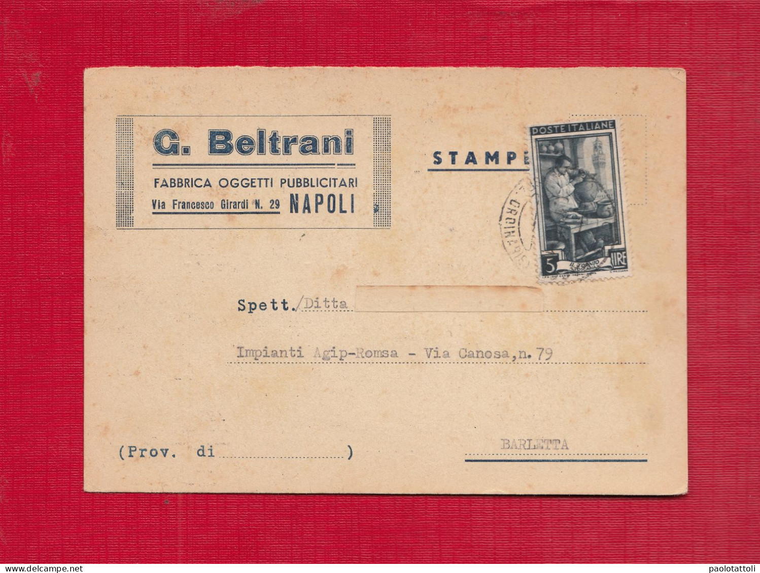 Advertising Card, Cartolina Pubbliicitaria- G. Beltrani, Fabbrica Oggetti Pubblicitari, Napoli- Stamped And Mailed 1952 - Werbepostkarten