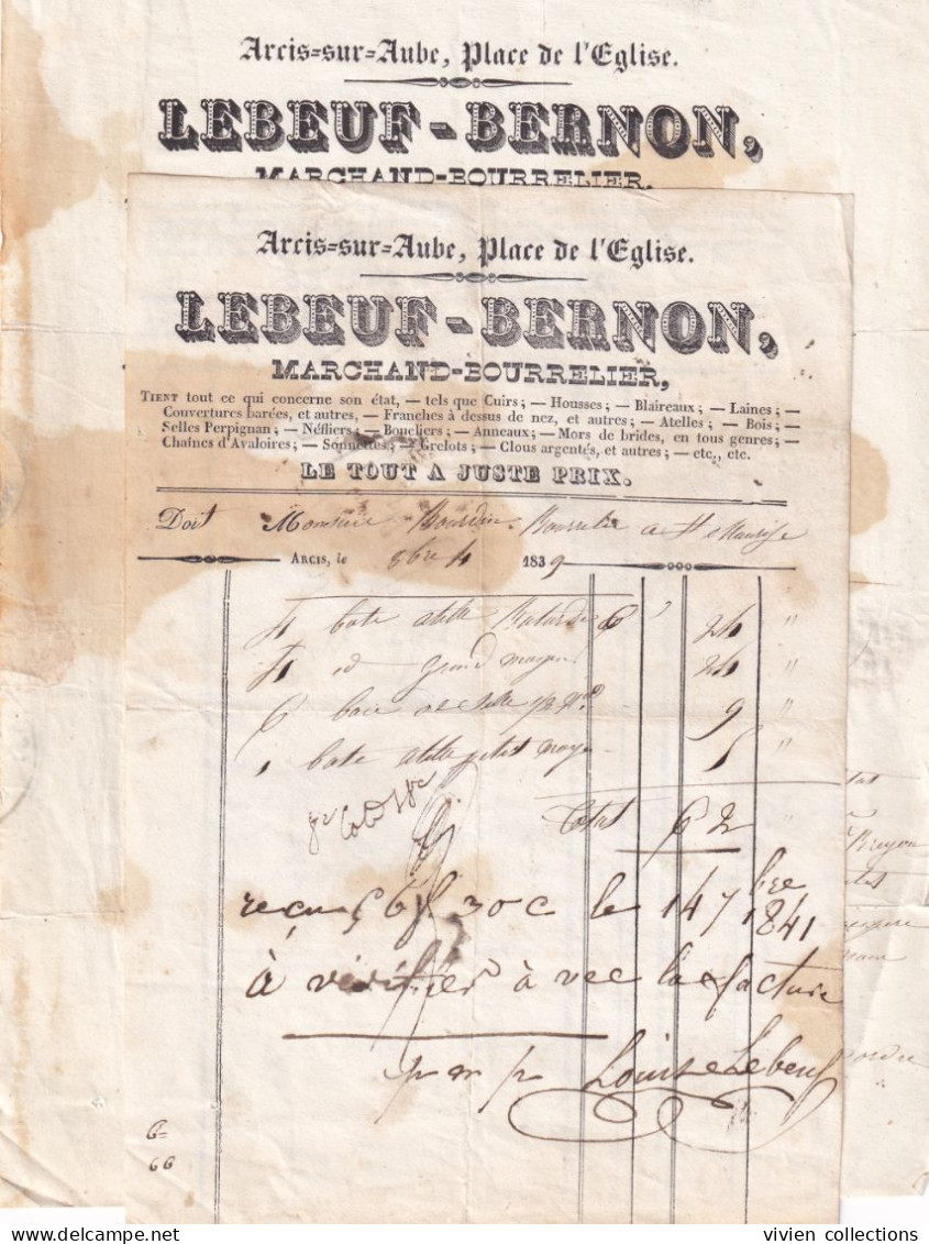 Arcis Sur Aube (89 Yonne) Cachet Type 12 / Pont Sur Yonne Type 13 Facture Bourrelier 1839 Lebeuf Bernon + 2eme Facture - 1801-1848: Precursors XIX