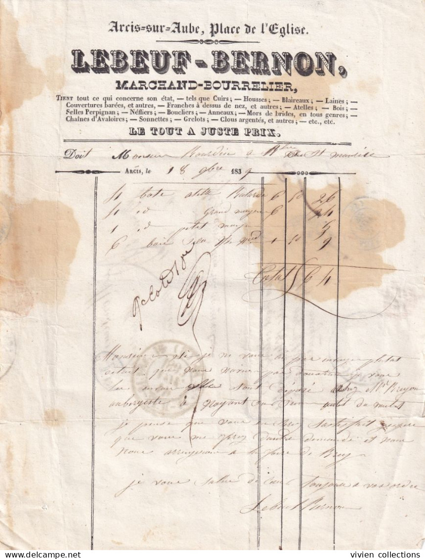 Arcis Sur Aube (89 Yonne) Cachet Type 12 / Pont Sur Yonne Type 13 Facture Bourrelier 1839 Lebeuf Bernon + 2eme Facture - 1801-1848: Precursores XIX