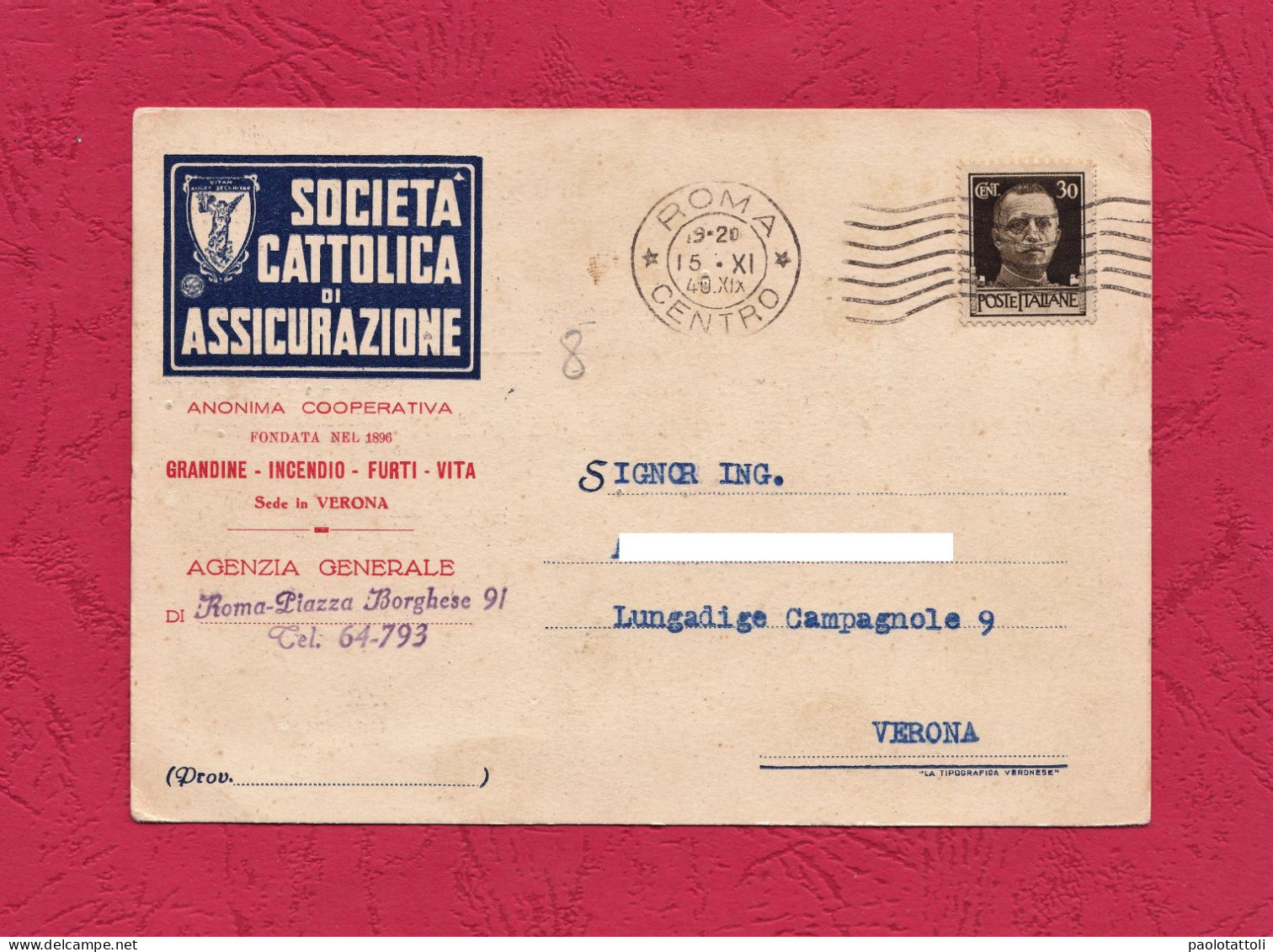 Advertising Post Card - Società Cattolica Di Assicurazione. Agenzia Generale Roma- Standard Postcard Size, - Advertising