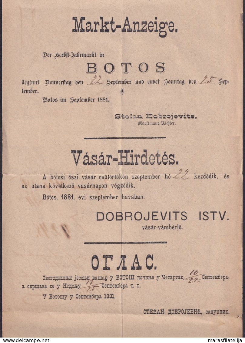 Hungary 1881, Serbia, Printed Matter From Botos (Fair Invitation) - Sonstige & Ohne Zuordnung
