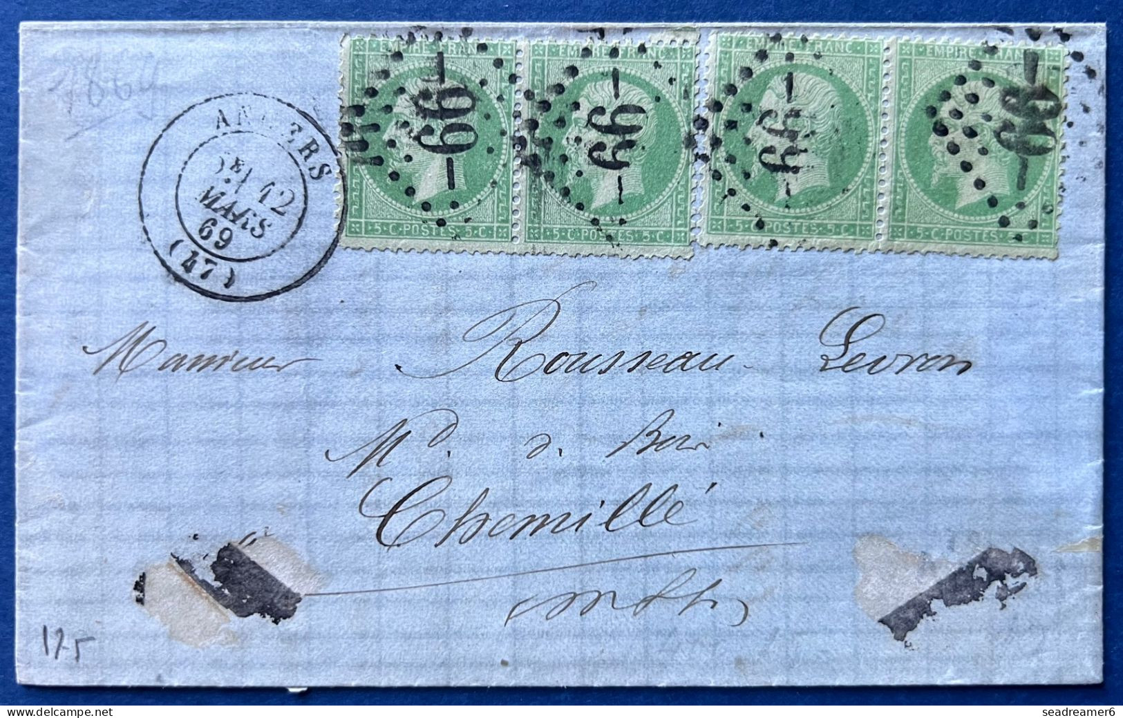 Lettre Napoleon 12 MARS 1869 N°20 5c Vert 2 Paires Oblitérés GC 99 + Càd De ANGERS Pour CHEMILLÉ TTB - 1862 Napoleon III