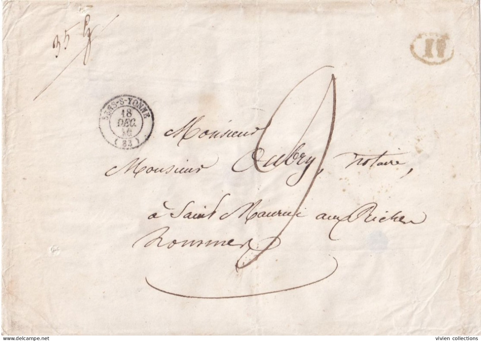 Sens Sur Yonne (89 Yonne) Lettre De 35 Gr Taxe 9 + 1 Décime Cachet Type 15 - 1801-1848: Precursori XIX