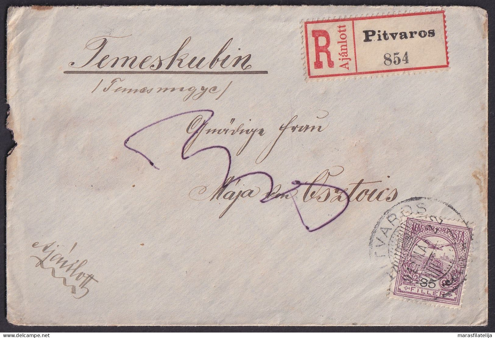 Hungary 1911, Registered Letter From Pitvaros To Temeskubin - Andere & Zonder Classificatie