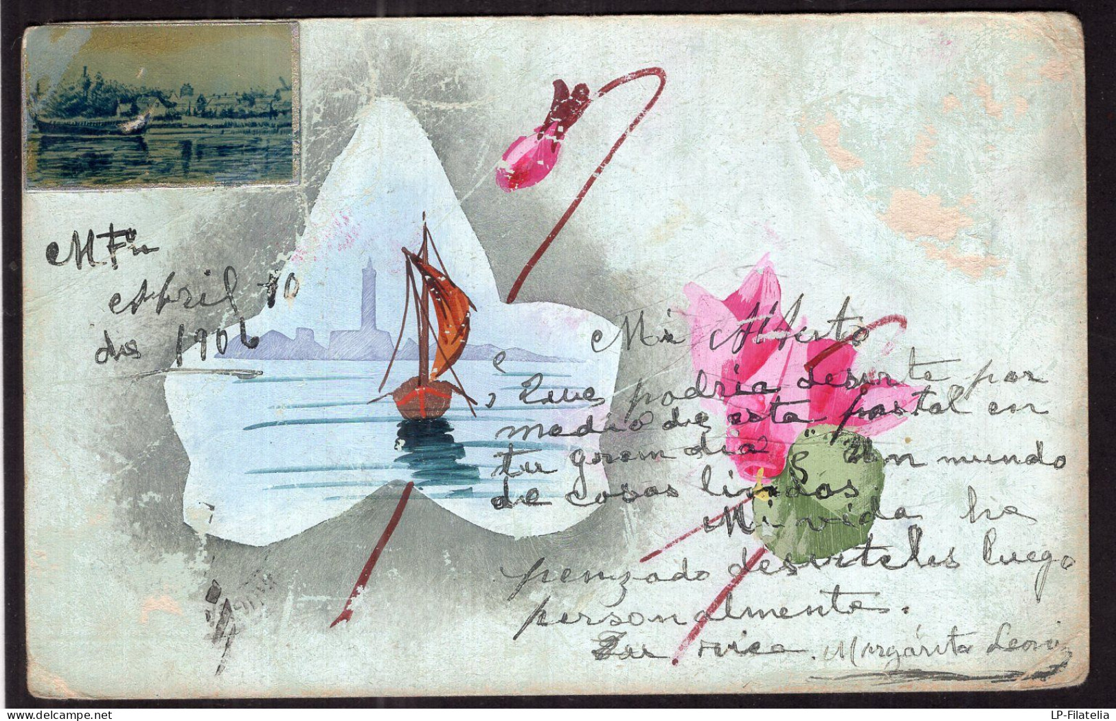 Postcard - 1906 - Flowers - Drawing - Pink Flowers And A Boat - Bloemen