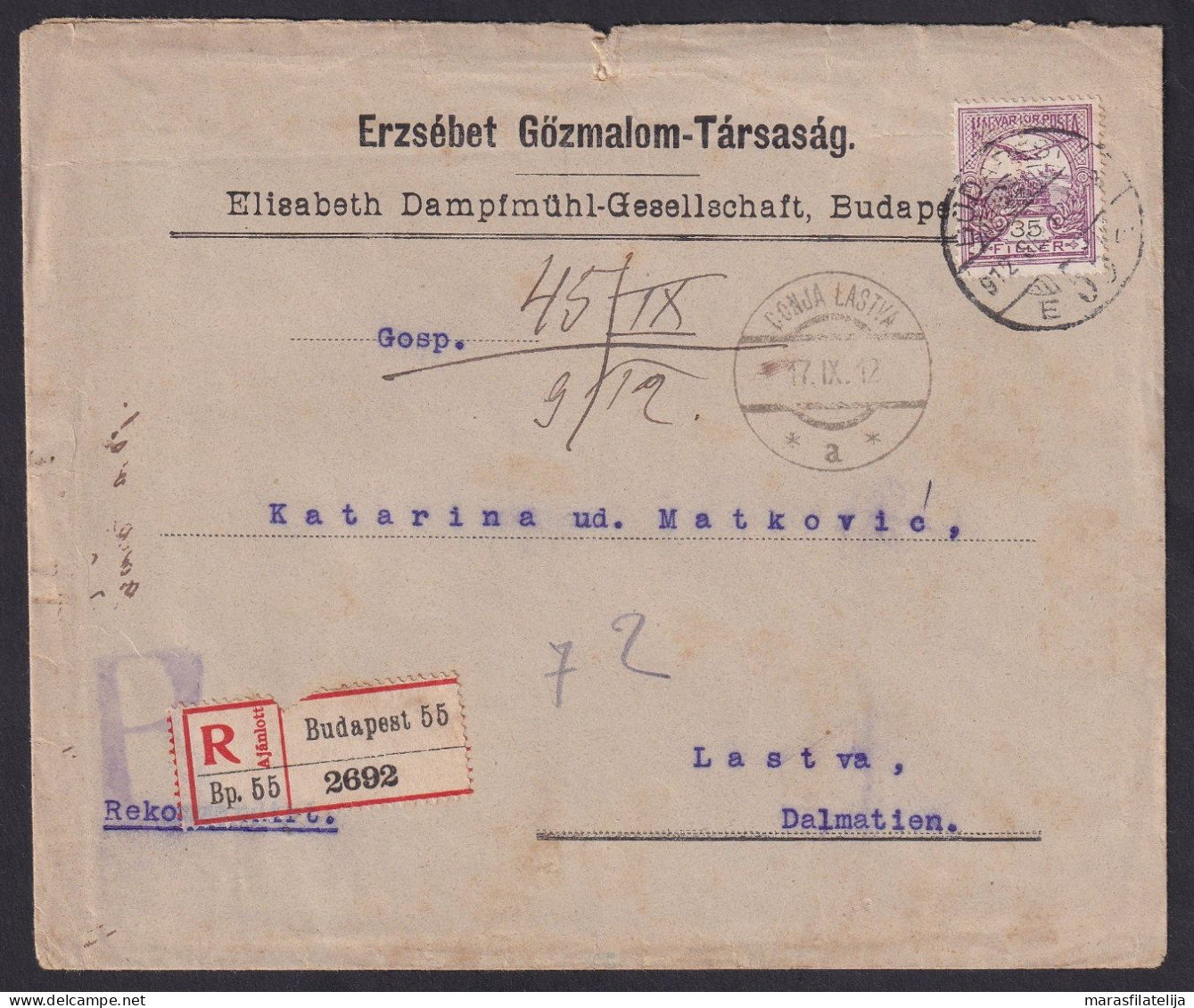 Hungary 1912, Registered Letter To Donja Lastva, Montenegro - Autres & Non Classés