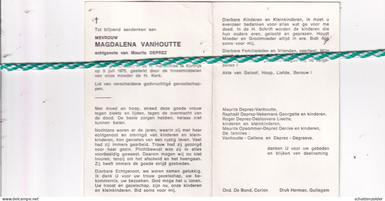Magdalena Vanhoutte-Deprez, Gullegem 1906, Kortrijk 1975 - Obituary Notices