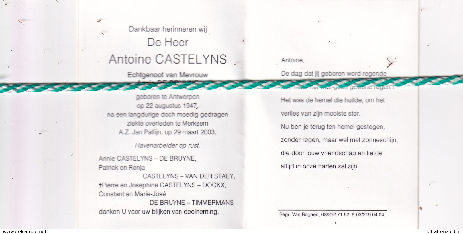 Antoine Castelyns-De Bruyne, Antwerpen 1947, Merksem 2003. Foto - Overlijden