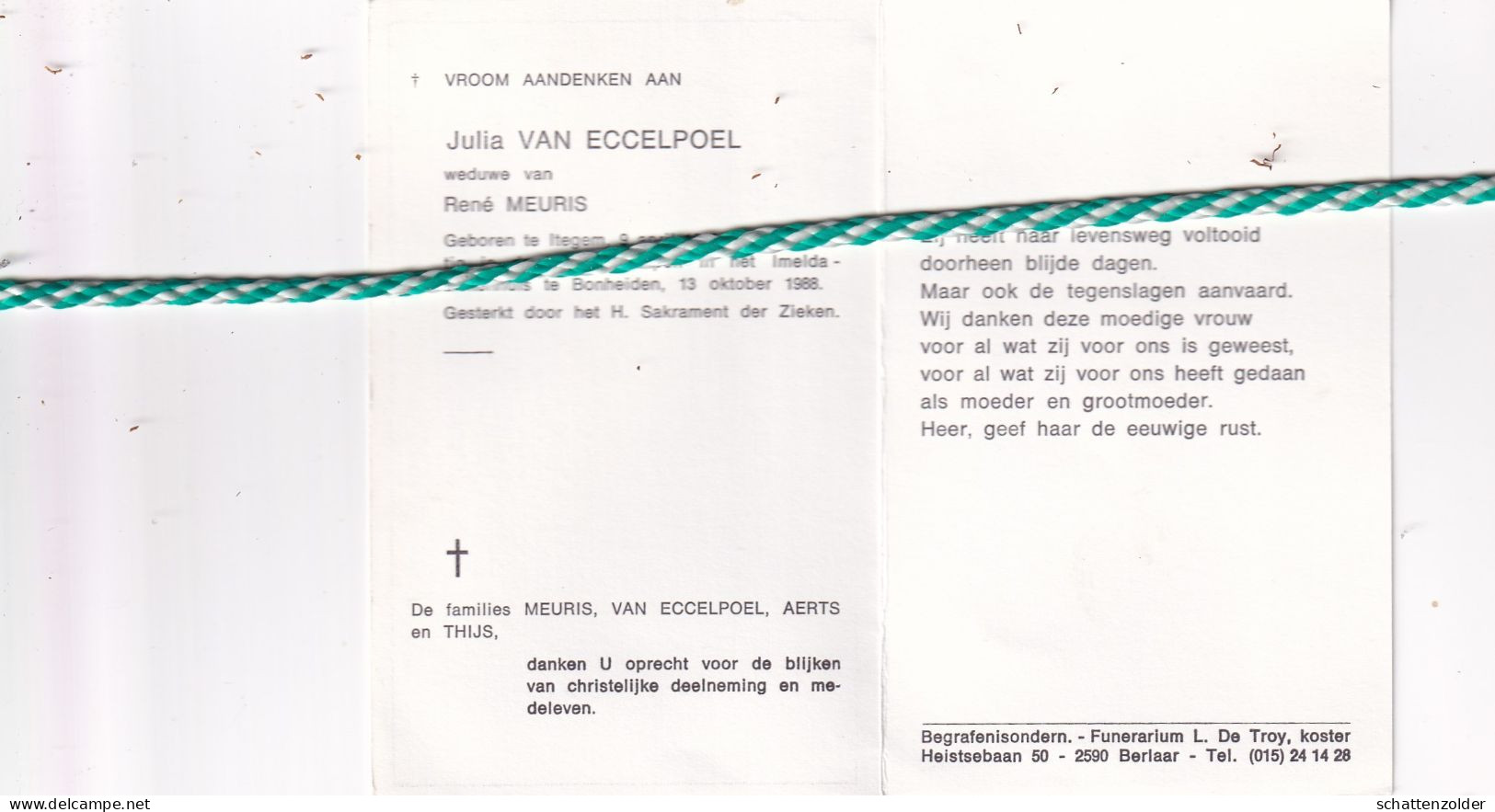 Julia Van Eccelpoel-Meuris, Itegem 1915, Bonheiden 1988 - Obituary Notices