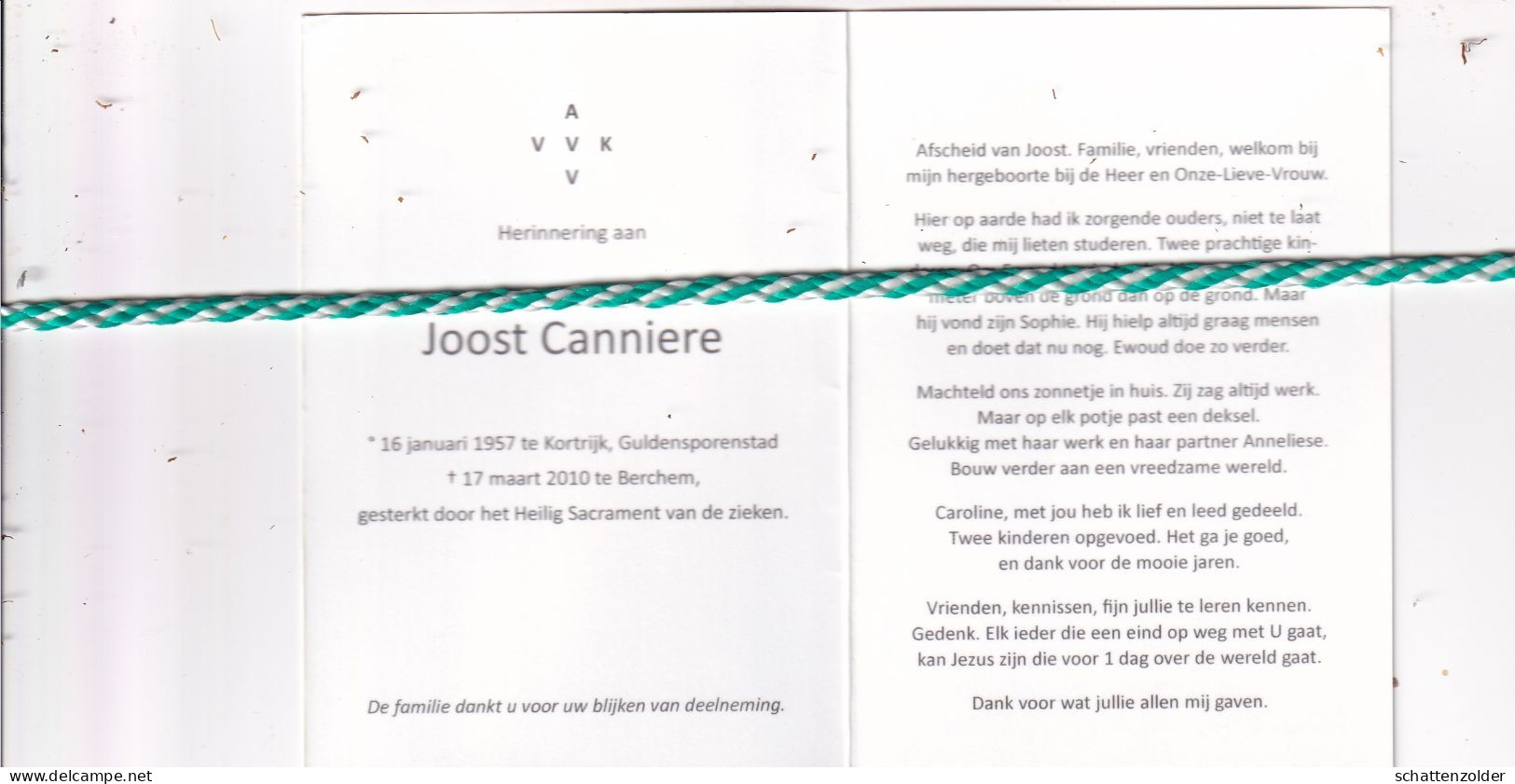 Joost Canniere, Kortrijk 1957, Berchem 2010. AVV VVK. Foto - Décès