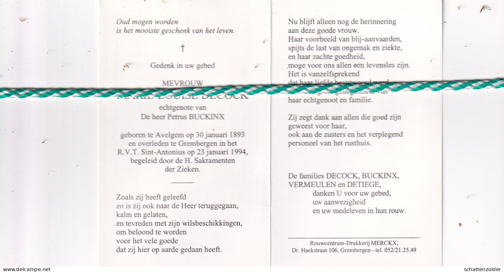 Marie-Louise Decock-Buckinx, Avelgem 1893, Grembergen 1994. Honderdjarige - Obituary Notices