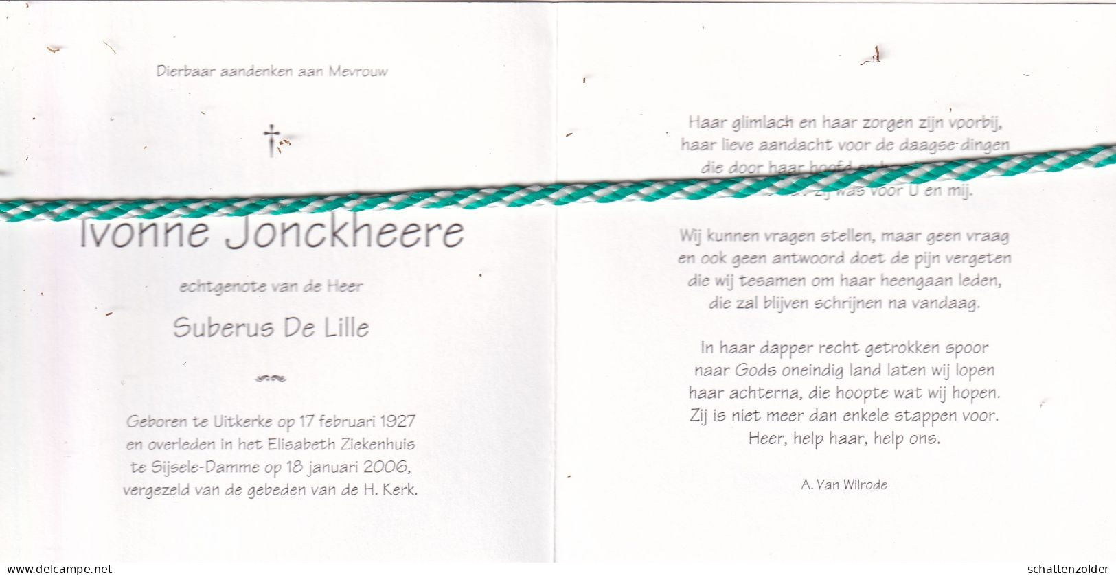 Ivonne Jonckheere-De Lille, Uitkerke 1927, Sijsele-Damme 2006. Foto - Obituary Notices