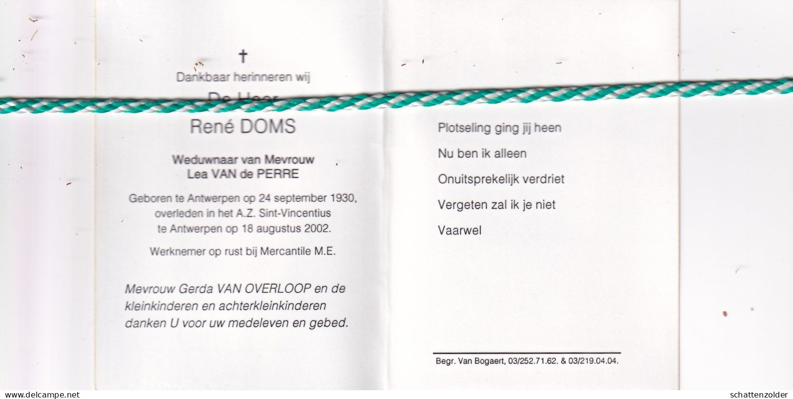 René Doms-Van De Perre, Antwerpen 1930, 2002. Foto - Obituary Notices