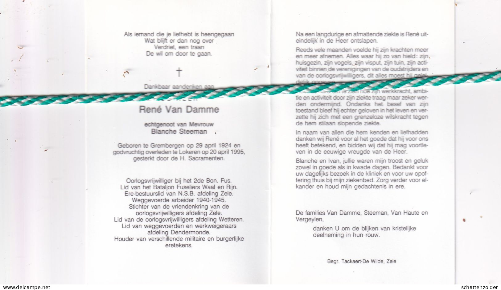 René Van Damme-Steeman, Grembergen 1924, Lokeren 1995. Oorlogsvrijwilliger 40-45; Foto - Obituary Notices