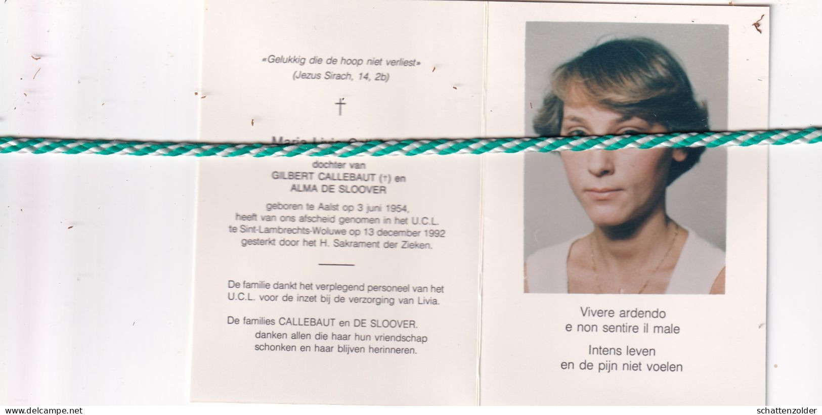 Maria Livia Callebaut, Aalst 1954, Sint-Lambrechts-Woluwe 1992. Foto - Obituary Notices
