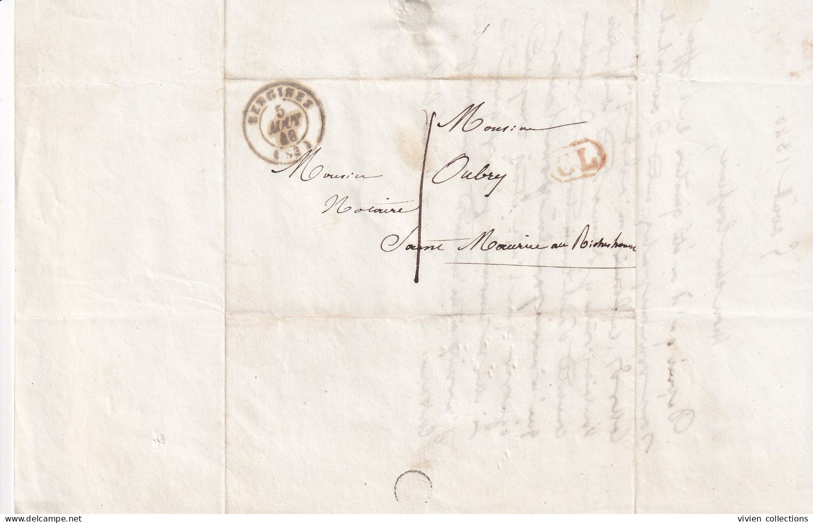 Sergines (89 Yonne) Lettre Avec Tampon Rouge CL Correspondance Locale Taxe 1 En 1846 - 1801-1848: Precursors XIX