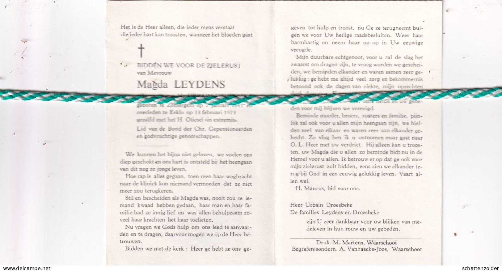 Magda Leydens-Droesbeke, Zomergem 1941, Eeklo 1973 - Obituary Notices