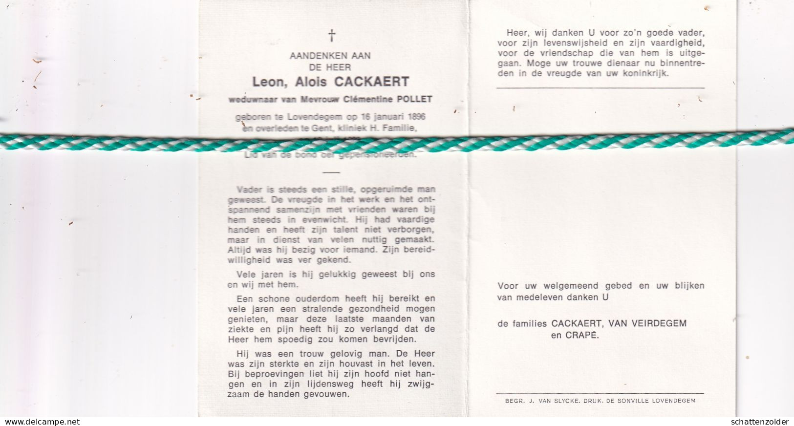 Leon Alois Cackaert-Pollet, Lovendegem 1896, Gent 1983 - Todesanzeige