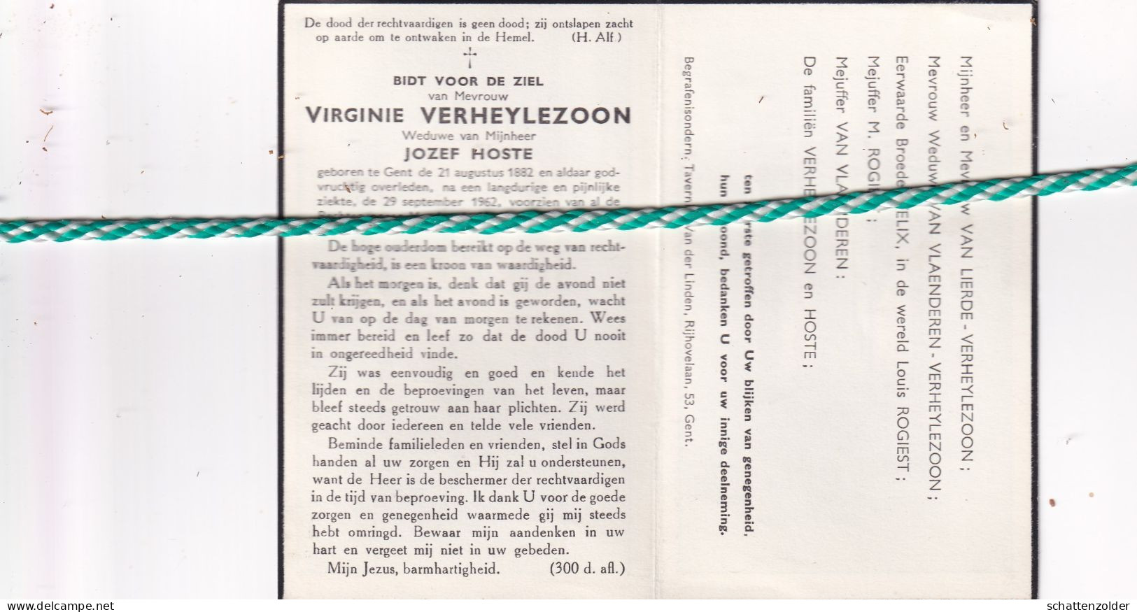 Virginie Verheylezoon-Hoste, Gent 1882, 1962 - Overlijden