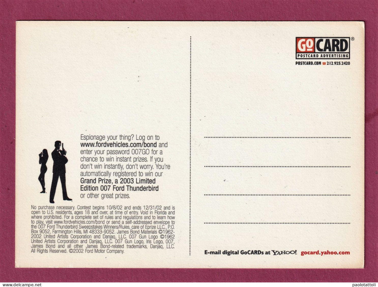Advertising Postcrad. Ford 007 Thunderbird- Standard Size, Divided Back, Ed. GoCard, New. - PKW
