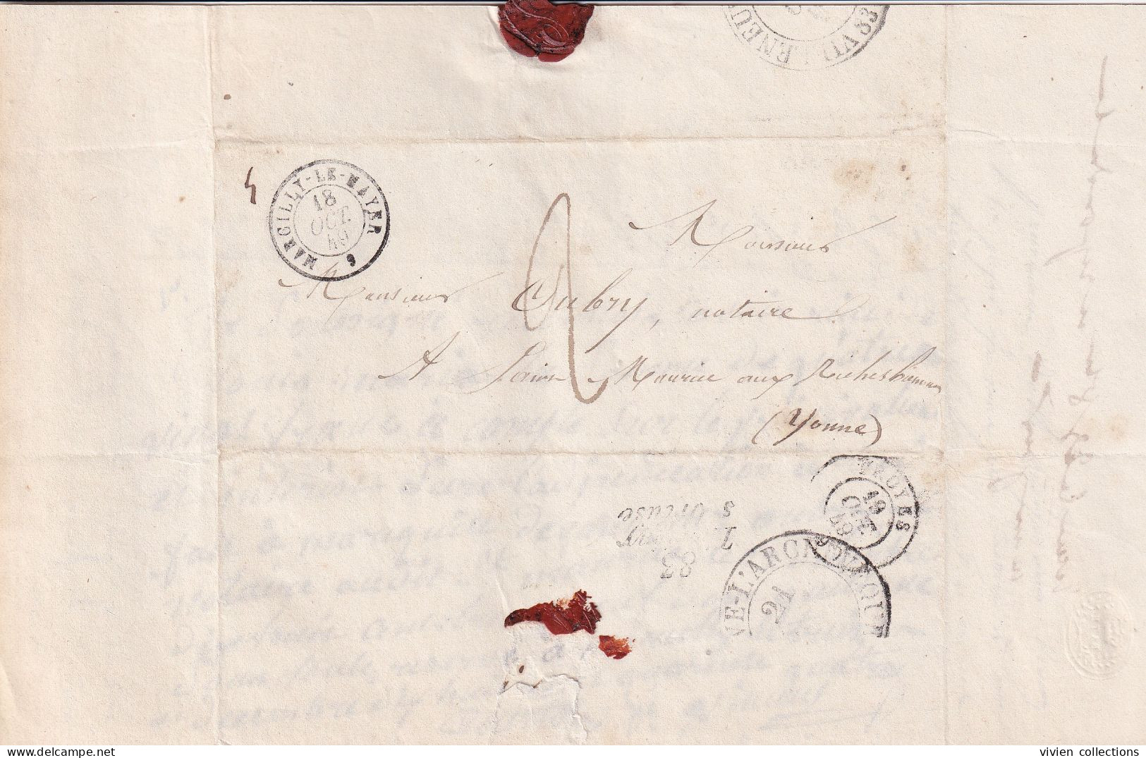 Marcilly Le Mayer (10 Aube) Cachet Type 15 + Villeneuve L'Archevêque Type 13 Et Cursive Thorigny Sur Oreuse (89) En 1849 - 1801-1848: Vorläufer XIX