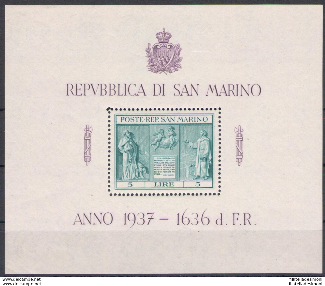 1937 SAN MARINO, Indipendenza - N. 1 - Foglietto - MNH** - Hojas Bloque