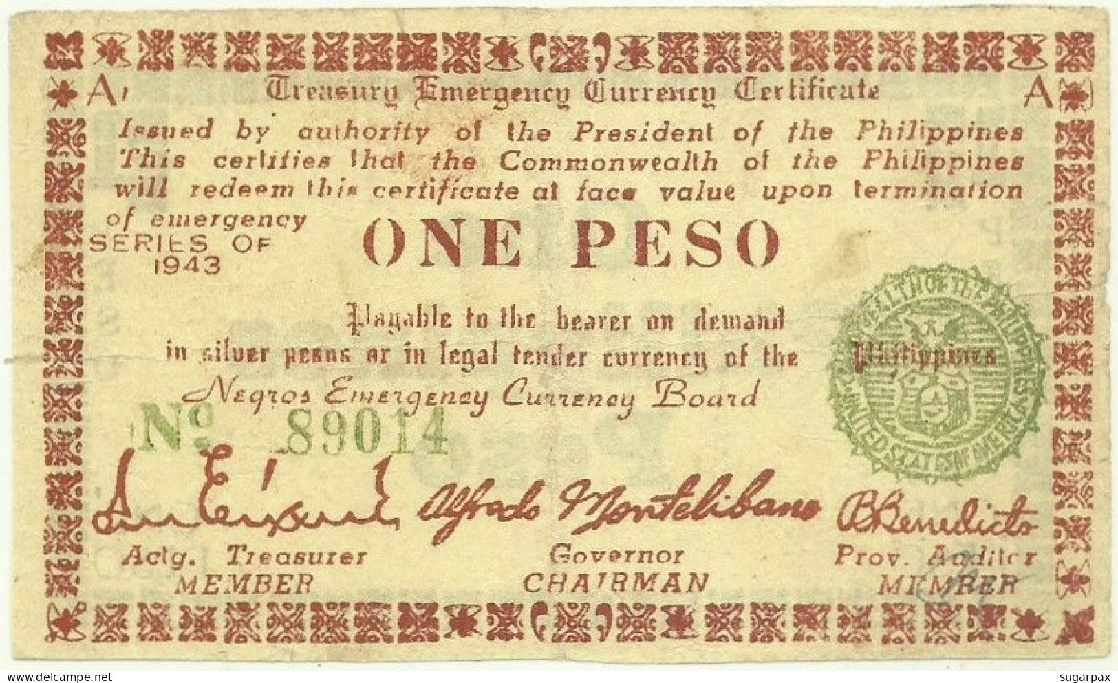 PHILIPPINES - 1 Peso - 1943 - Pick S 661 - Serie A1 - Negros Emergency Currency Board - Filipinas