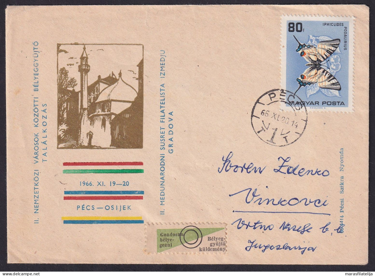 Hungary 1966, Butterfly, Pecs-Osijek, Letter To Vinkovci - Other & Unclassified