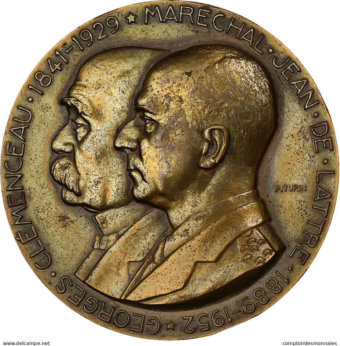 France, Médaille, Georges Clémenceau-Maréchal Jean De Lattre, 1973, Bronze - Andere & Zonder Classificatie