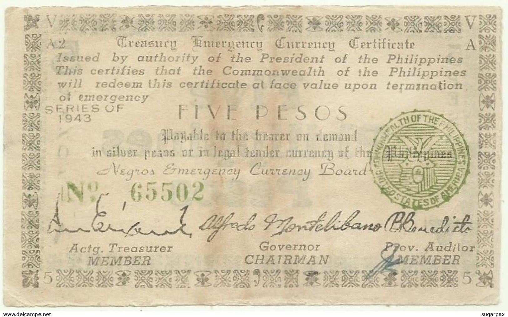 PHILIPPINES - 5 Pesos - 1943 - Pick S 662 - Serie A2 - Negros Emergency Currency Board - Philippines
