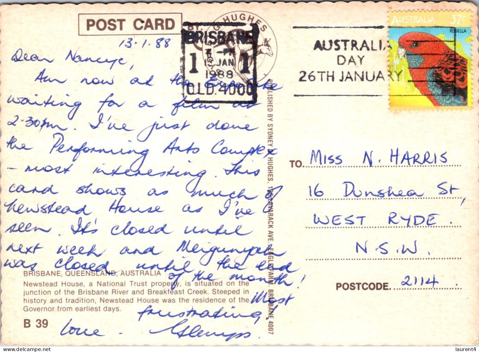10-5-2024 (4 Z 36) Australia - QLD - Brisbane Newstead House (posted With Rosella Bird Stamp 1988) - Gold Coast