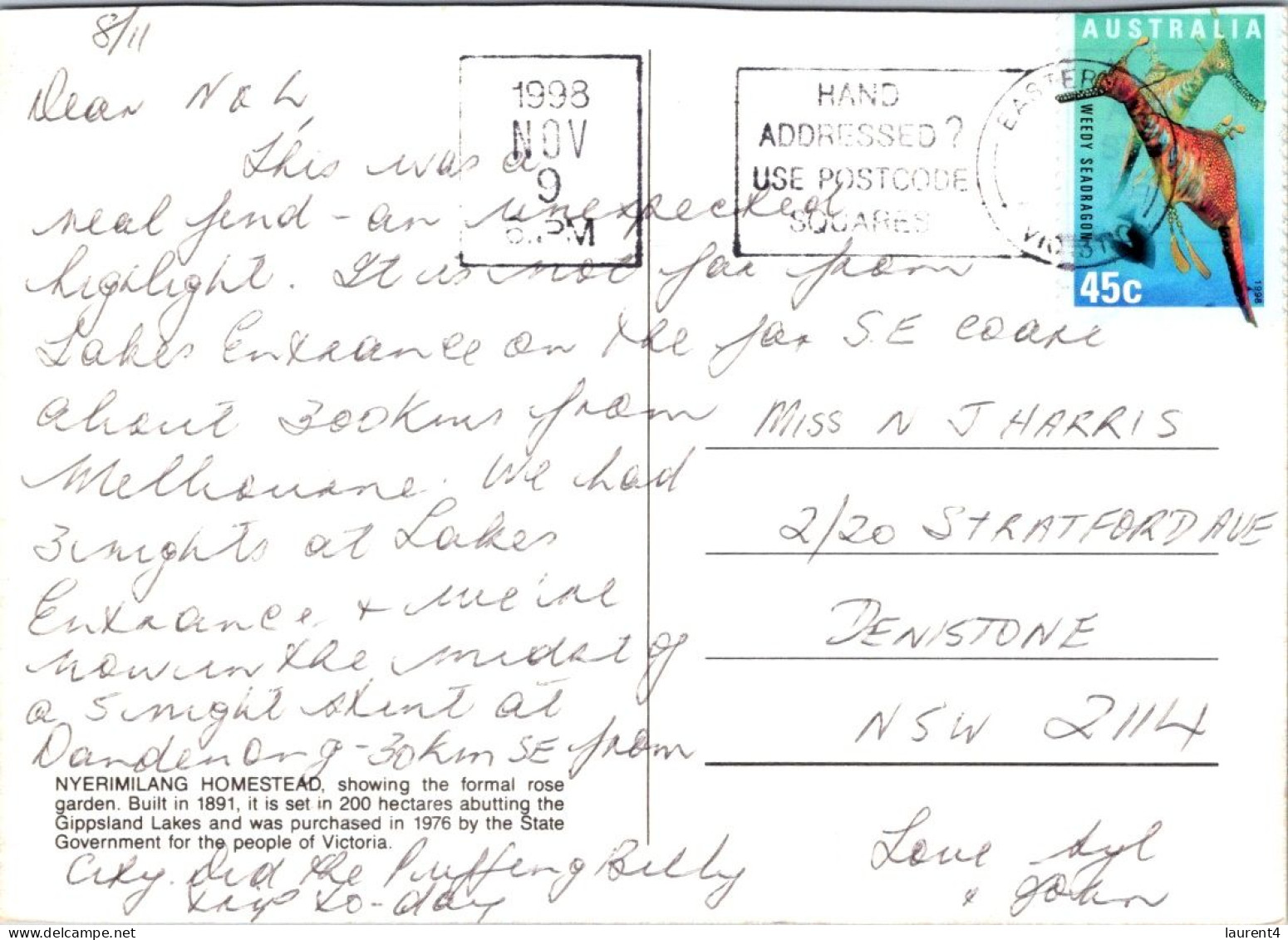 10-5-2024 (4 Z 36) Australia - VIC - Nyerimilang Homestead (posted With Seadragon Stamp 1998) - Altri & Non Classificati