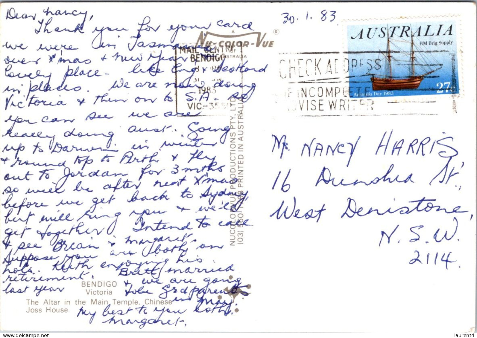 10-5-2024 (4 Z 36) Australia - VIC - Bendigo Joss House (posted With HM Brig Supply Stamp 1983) - Bendigo