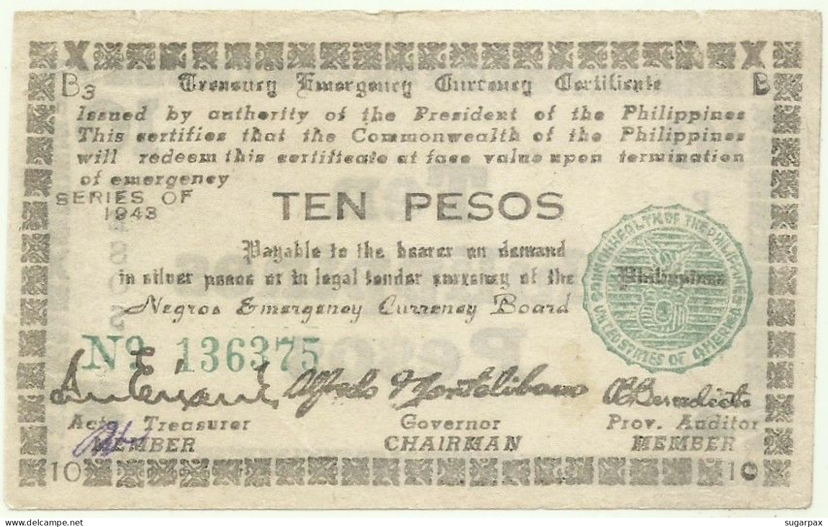 PHILIPPINES - 10 Pesos - 1943 - Pick S 663 - Serie B3 - Negros Emergency Currency Board - Filipinas