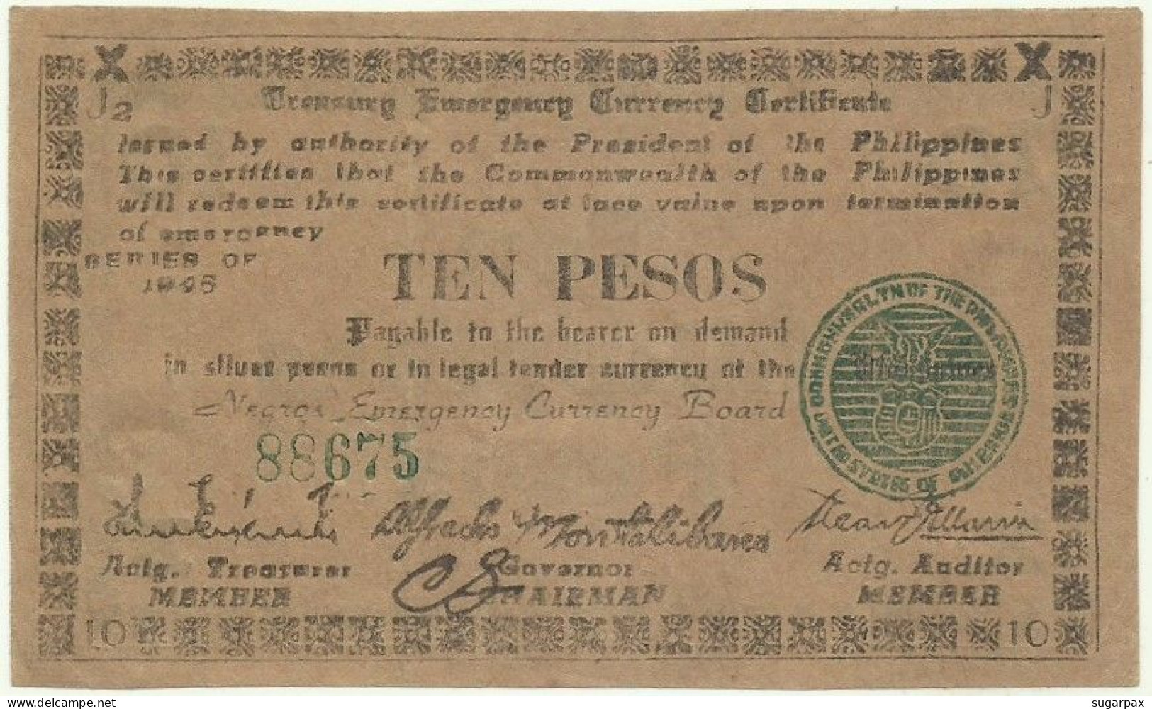 PHILIPPINES - 10 Pesos - 1945 - Pick S 683 - Serie J2 - Negros Emergency Currency Board - Filipinas