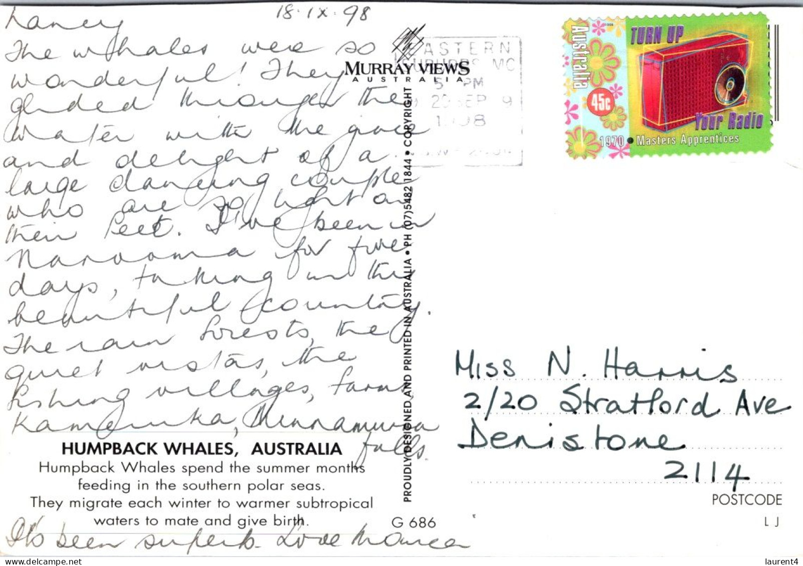 10-5-2024 (4 Z 36) Australia - NSW - Narooma  Whale Breaching (posted With Radio Music Stamp In 1998) - Fische Und Schaltiere