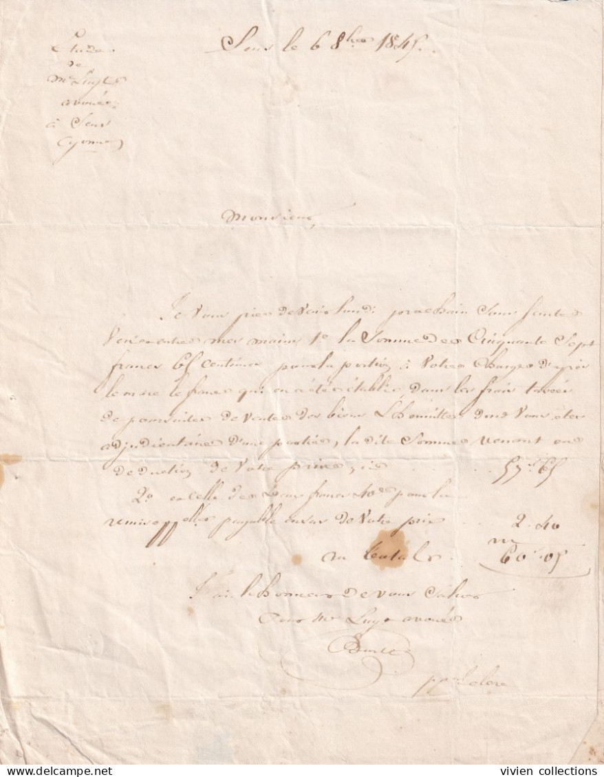 Sens (89 Yonne) Lettre Avec Tampon Rouge CL Correspondance Locale Taxe 2 Barrée Pour 1 Décime En 1845 - 1801-1848: Vorläufer XIX