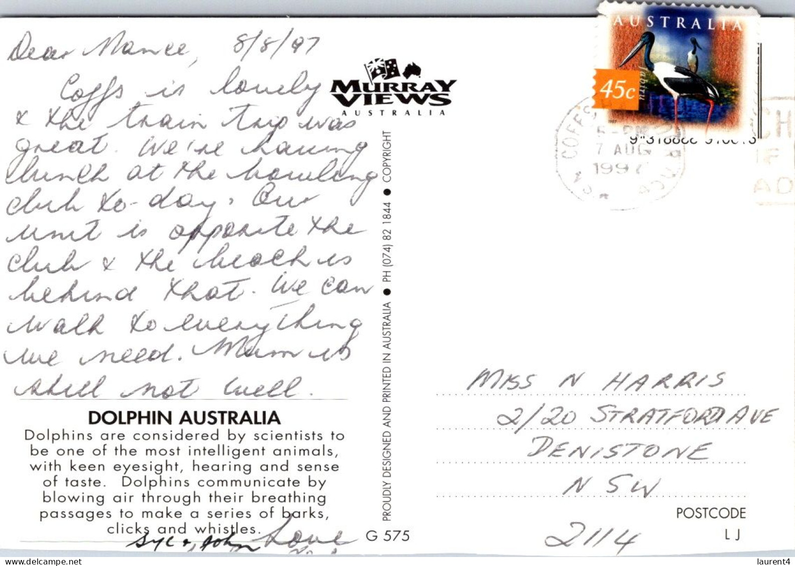 10-5-2024 (4 Z 36) Australia - NSW - Dolphin In Coffs Harbour (posted With Bird Stamp In 1997) - Pescados Y Crustáceos