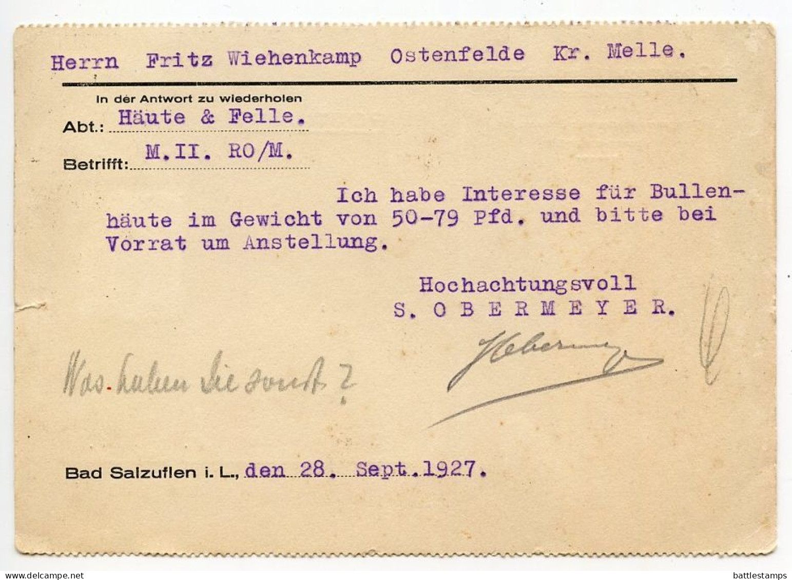 Germany 1927 Postcard; Bad Salzuflen - S. Obermeyer To Ostenfelde; 5pf. Schiller & 3pf. Goethe - Briefe U. Dokumente