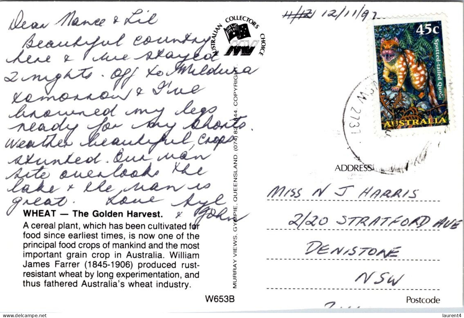 10-5-2024 (4 Z 36) Australia - NSW - Wheat Farming In Narrandera (posted With Quoll Stamp In 1997) - Landbouw