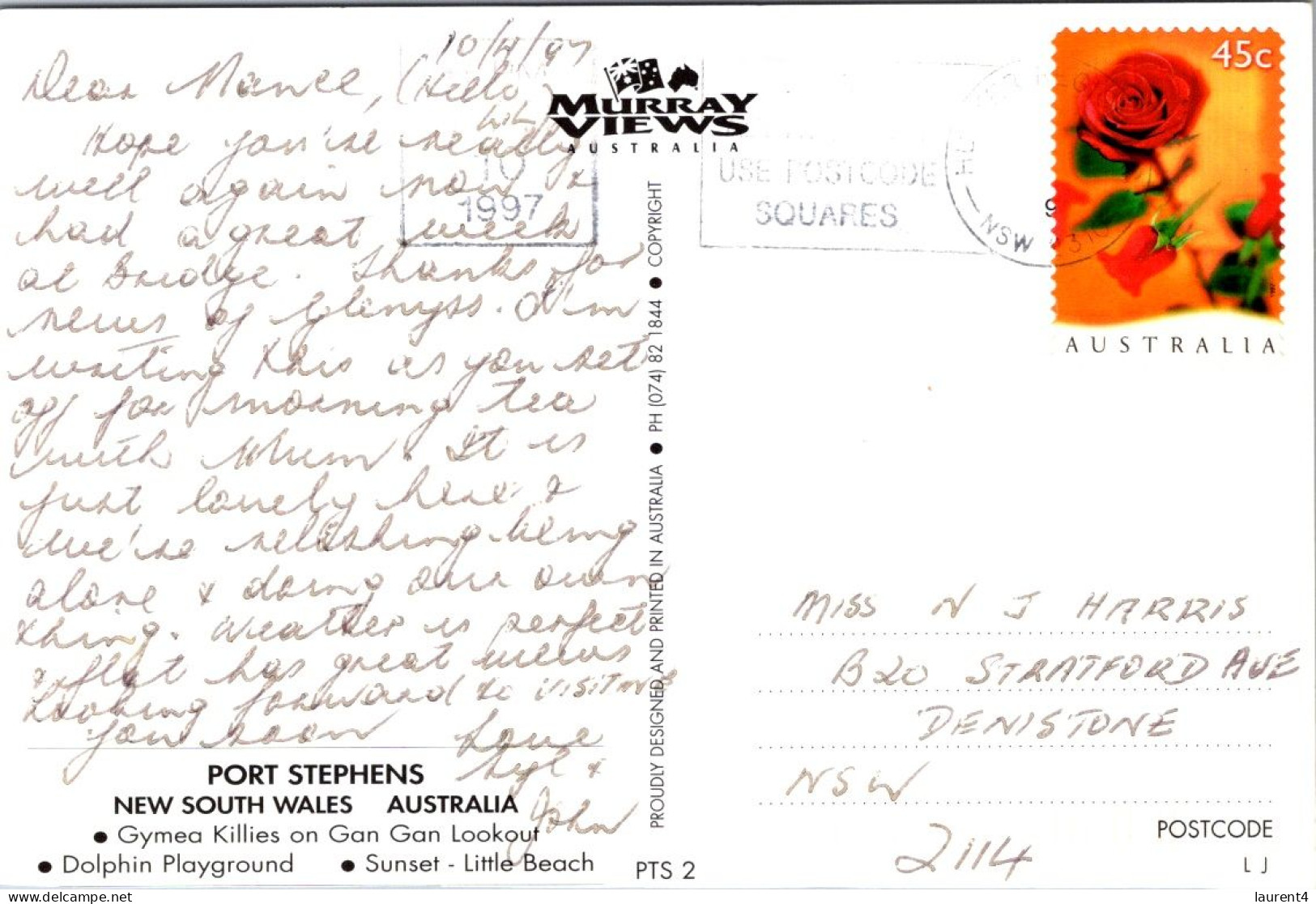 10-5-2024 (4 Z 36) Australia - NSW - Port Stephens & Dolphin (posted With Rose Stamp In 1997) - Delfines