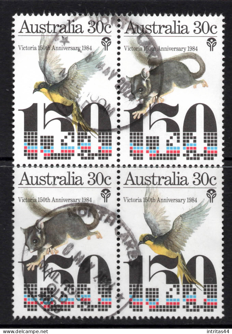 AUSTRALIA 1984 150th ANNIVERSARY OF VICTORIA  " 30c YELLOW-TUFTED HONEYEATER AND LEADBEATER'S POSSUM " BLOCK OF (4)VFU - Usados