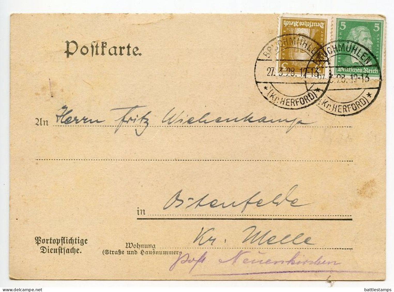 Germany 1928 Postcard; Bruchmühlen (Kr. Herford) To Ostenfelde; 5pf. Schiller & 3pf. Goethe - Briefe U. Dokumente