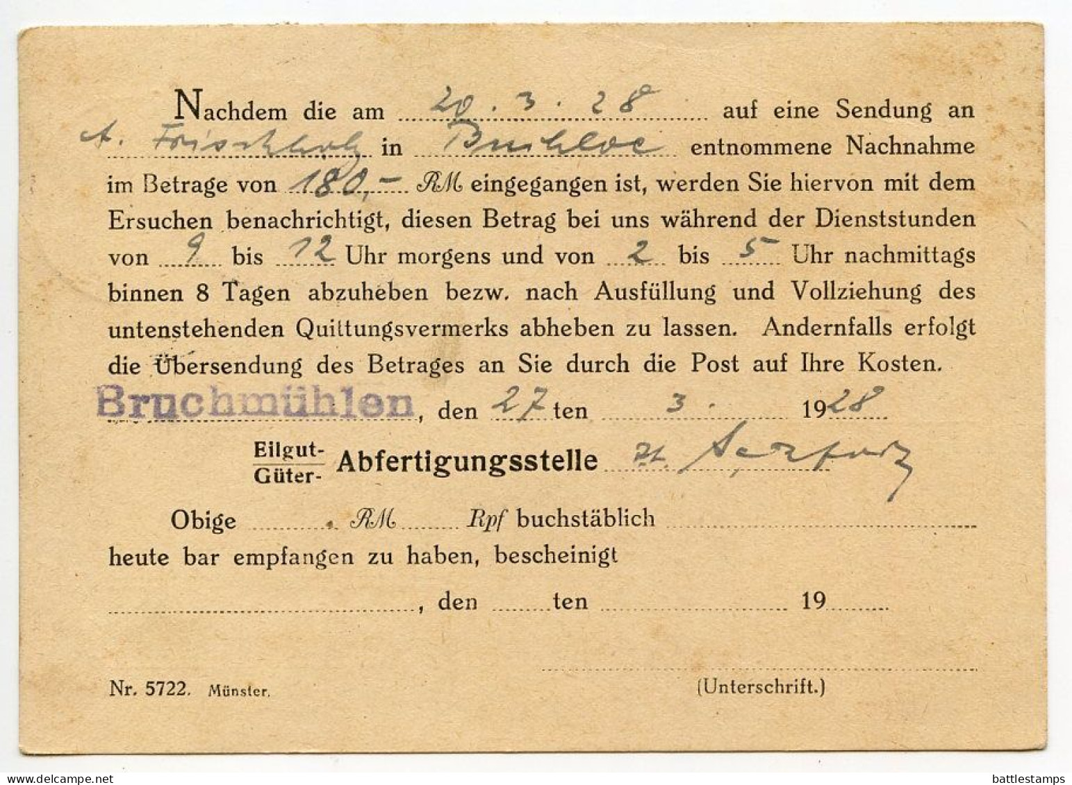 Germany 1928 Postcard; Bruchmühlen (Kr. Herford) To Ostenfelde; 5pf. Schiller & 3pf. Goethe - Brieven En Documenten