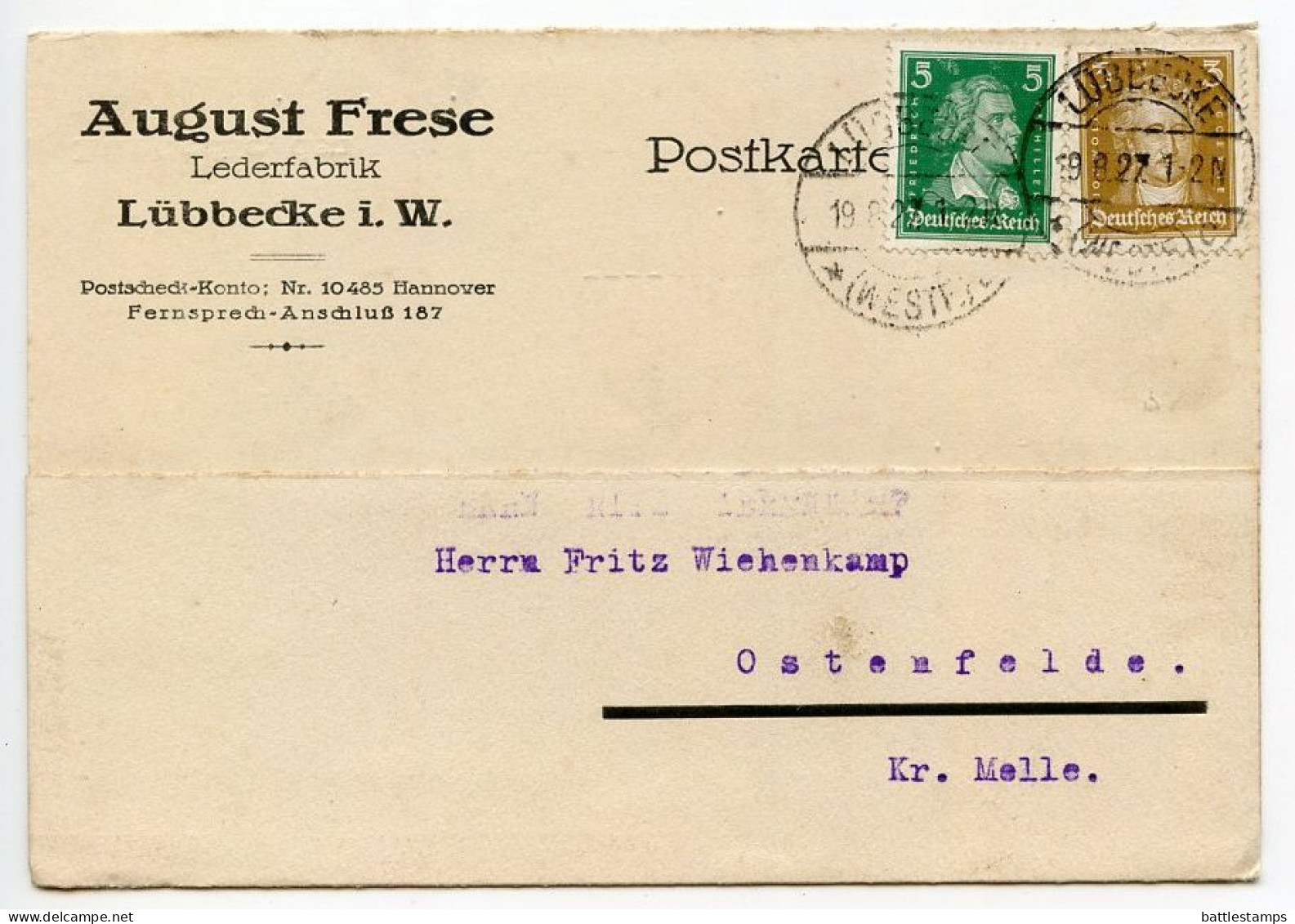 Germany 1927 Postcard; Lübbecke (Westf.) - August Frese, Lederfabrik To Ostenfelde; 5pf. Schiller & 3pf. Goethe - Storia Postale