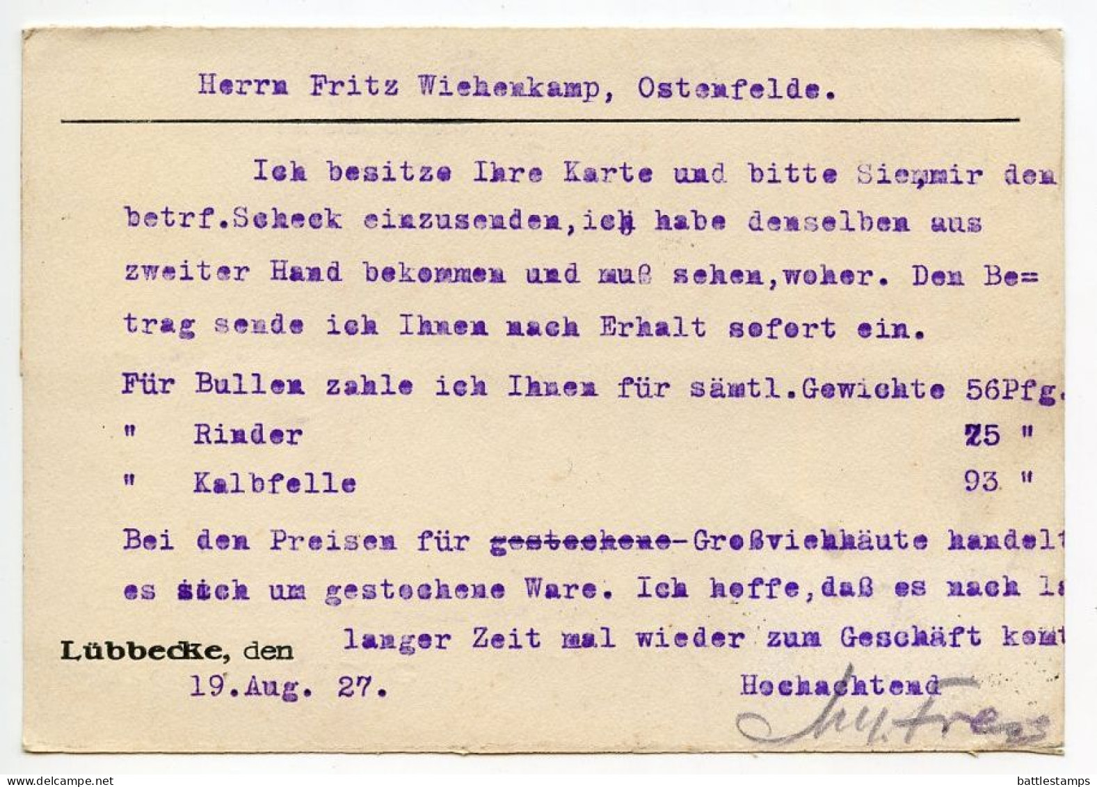 Germany 1927 Postcard; Lübbecke (Westf.) - August Frese, Lederfabrik To Ostenfelde; 5pf. Schiller & 3pf. Goethe - Briefe U. Dokumente