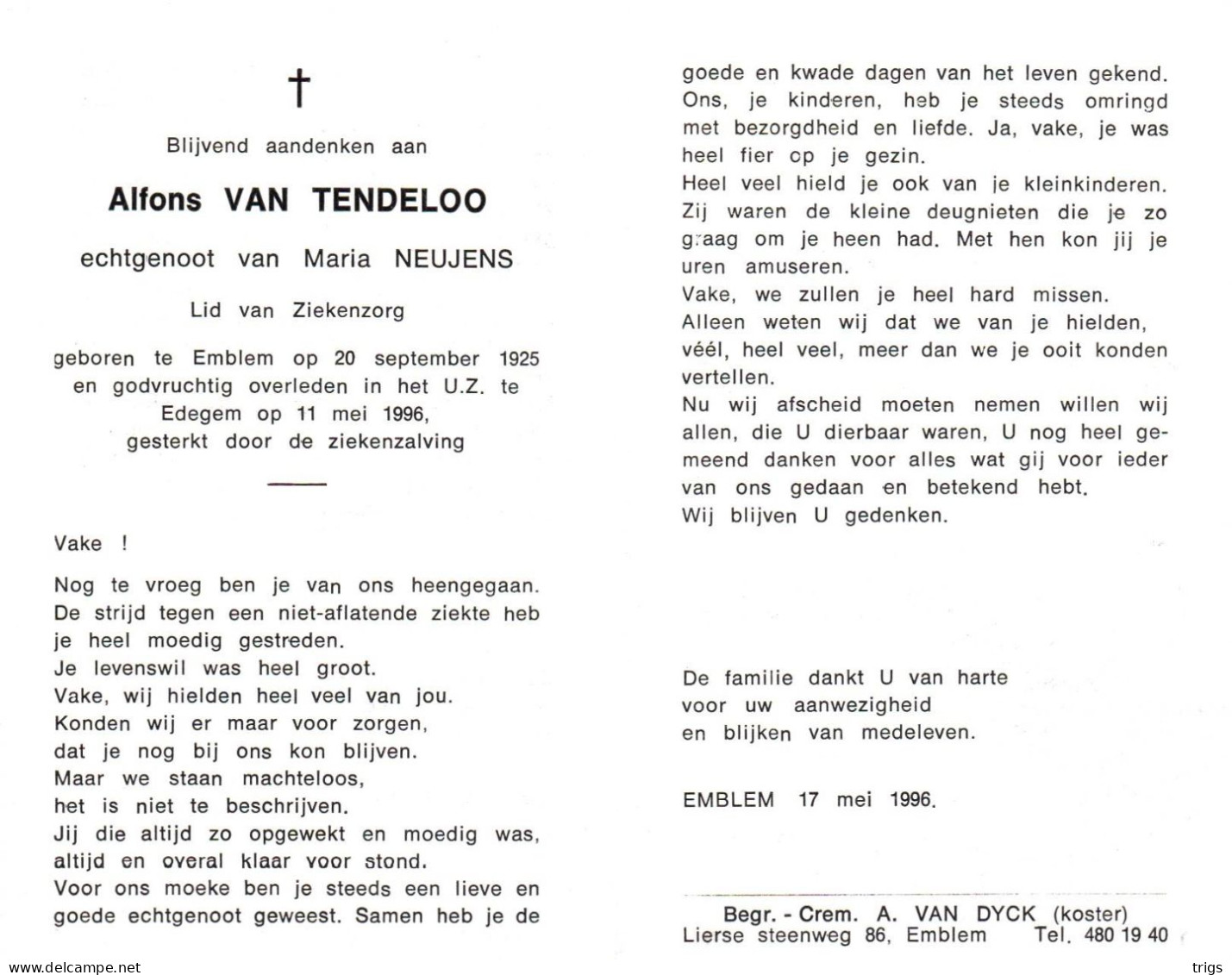 Alfons Van Tendeloo (1925-1996) - Devotieprenten