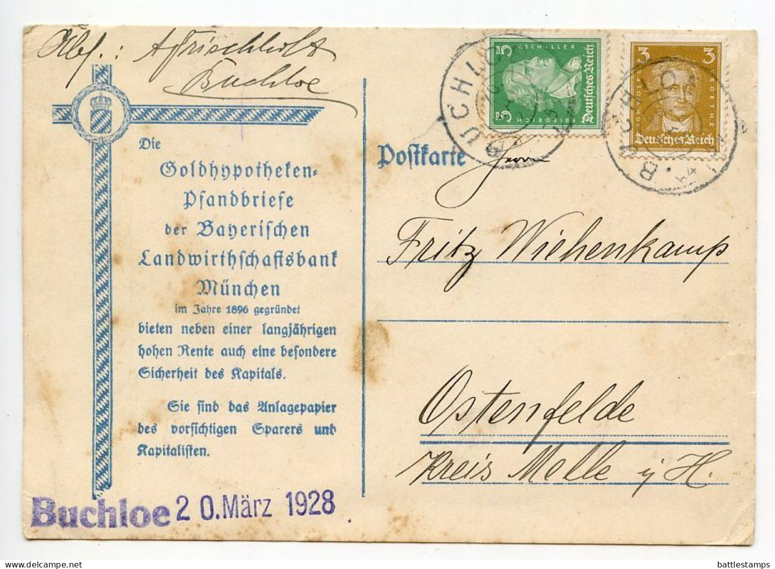 Germany 1928 Postcard Buchloe, Goldhypothekenpfandbriefe Der Bayerischen Landwirthschaftsbank; 5pf Schiller & 3pf Goethe - Covers & Documents