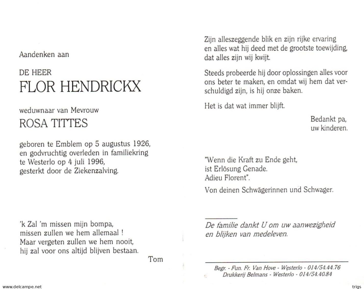 Flor Hendrickx (1926-1996) - Devotieprenten