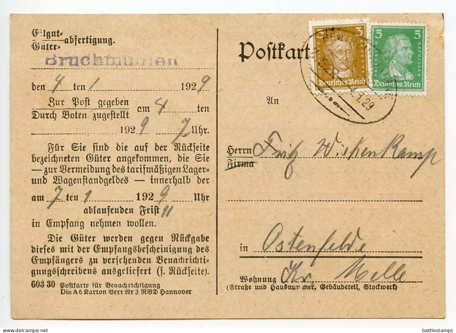 Germany 1929 Postcard; Bruchmühlen To Ostenfelde; 5pf. Schiller & 3pf. Goethe; Bentheim-Lohne Bahnpost Postmark - Storia Postale